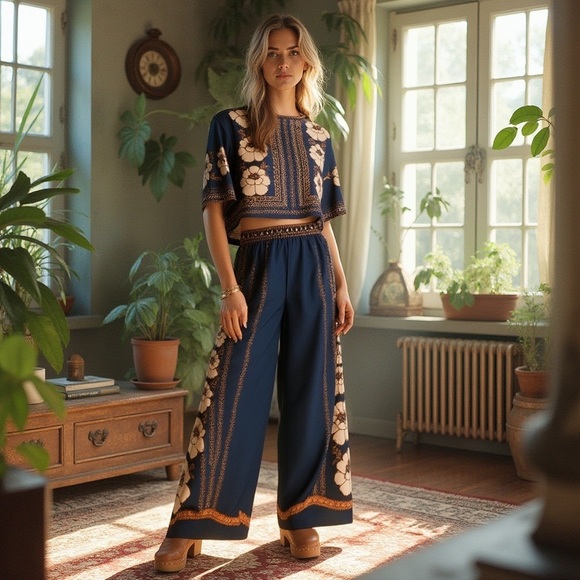 Floral Navy Blouse and Pant - Picture 3 of 3